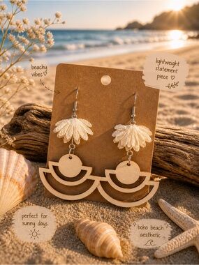 Hand Crafted Ivory Floral and Natural Wood Boho Drop Earrings